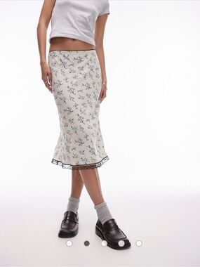 NWT Topshop Sz 4 Women’s Yellow Floral Satin Black Lace Trim Midi Skirt Ret $59!